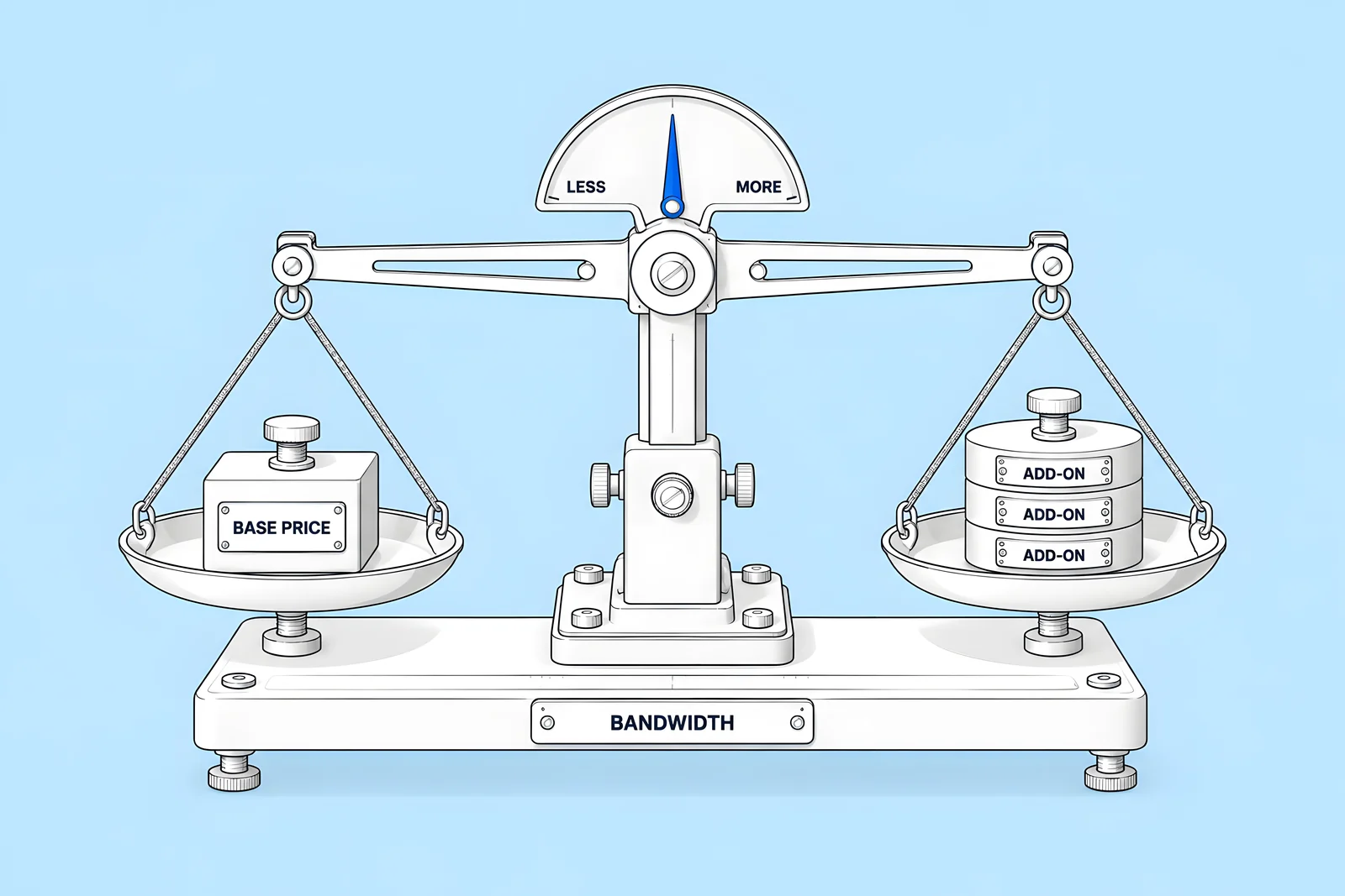 Isometric balance scale: the left pan holds one plan-price weight, the right pan holds a stack of bandwidth add-on weights, and a needle gauge sits between them with no numbers.