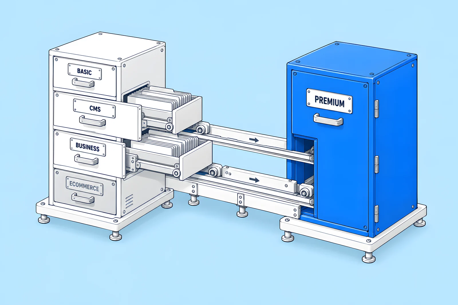 Isometric cabinet with four drawers labelled BASIC, CMS, BUSINESS and ECOMMERCE; the CMS and BUSINESS drawers slide along a track into a larger PREMIUM cabinet.