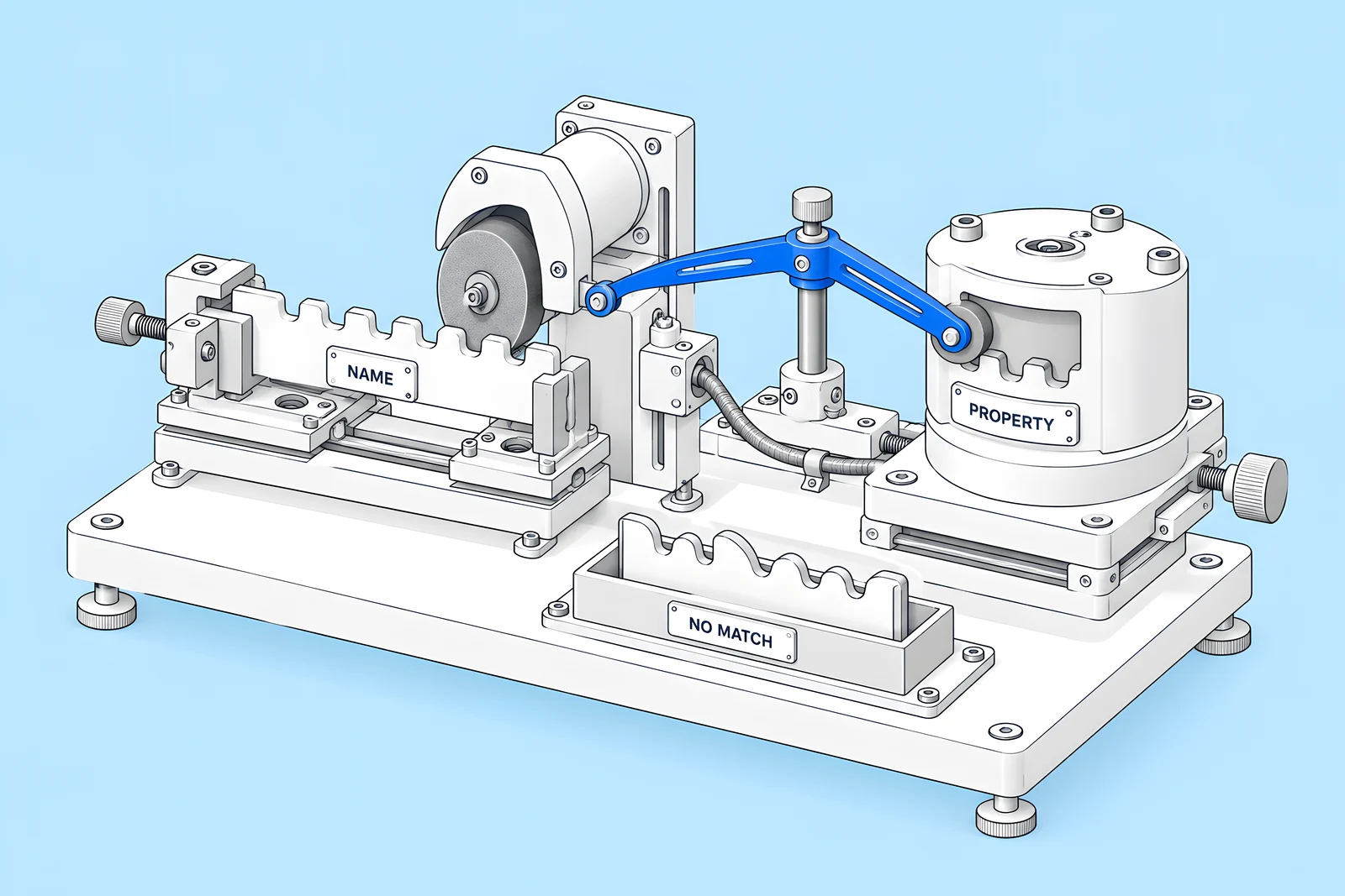 A key-cutting machine matching the teeth of a field-name key to the pins of a property lock