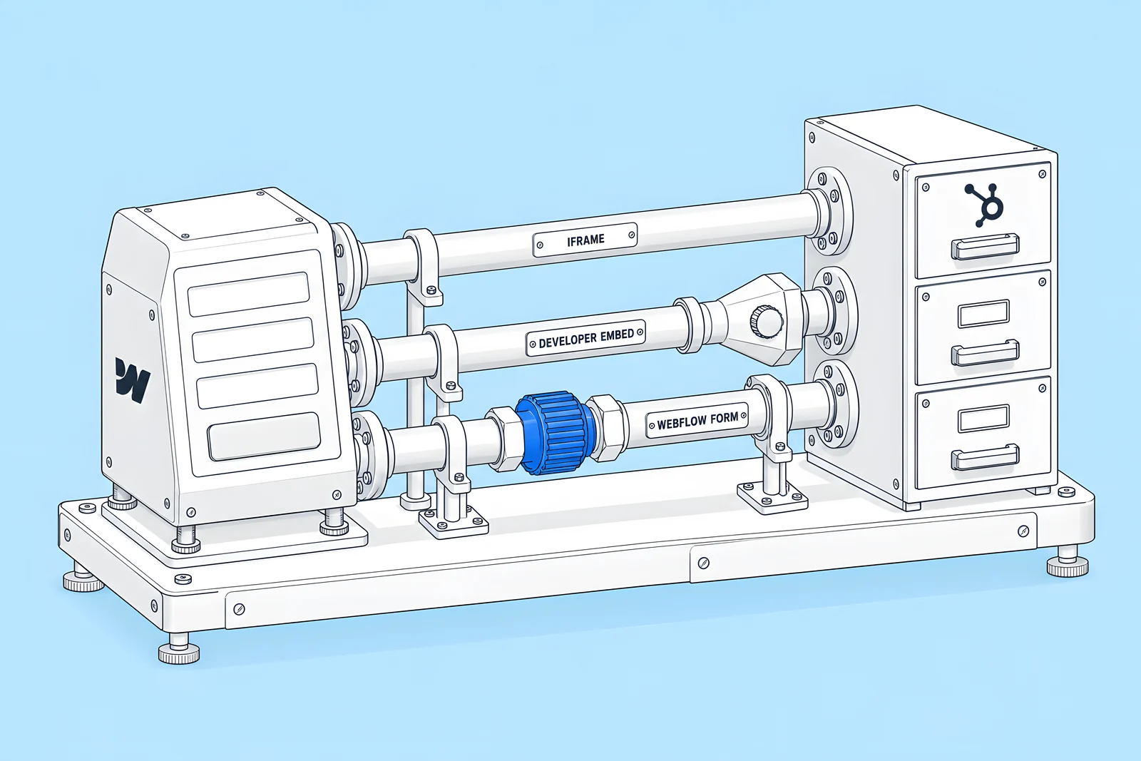 Three pipes connecting a Webflow form block to a CRM cabinet: a sealed tube, a styled nozzle and a blue adapter coupling