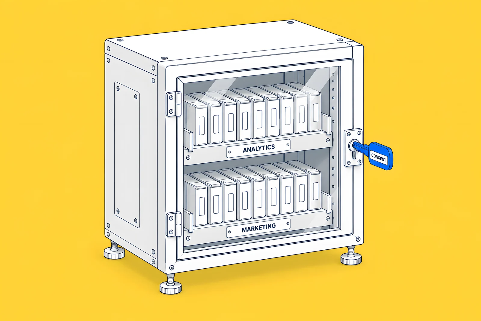 Isometric rack of tag cartridges behind a glass door that a blue consent key unlocks