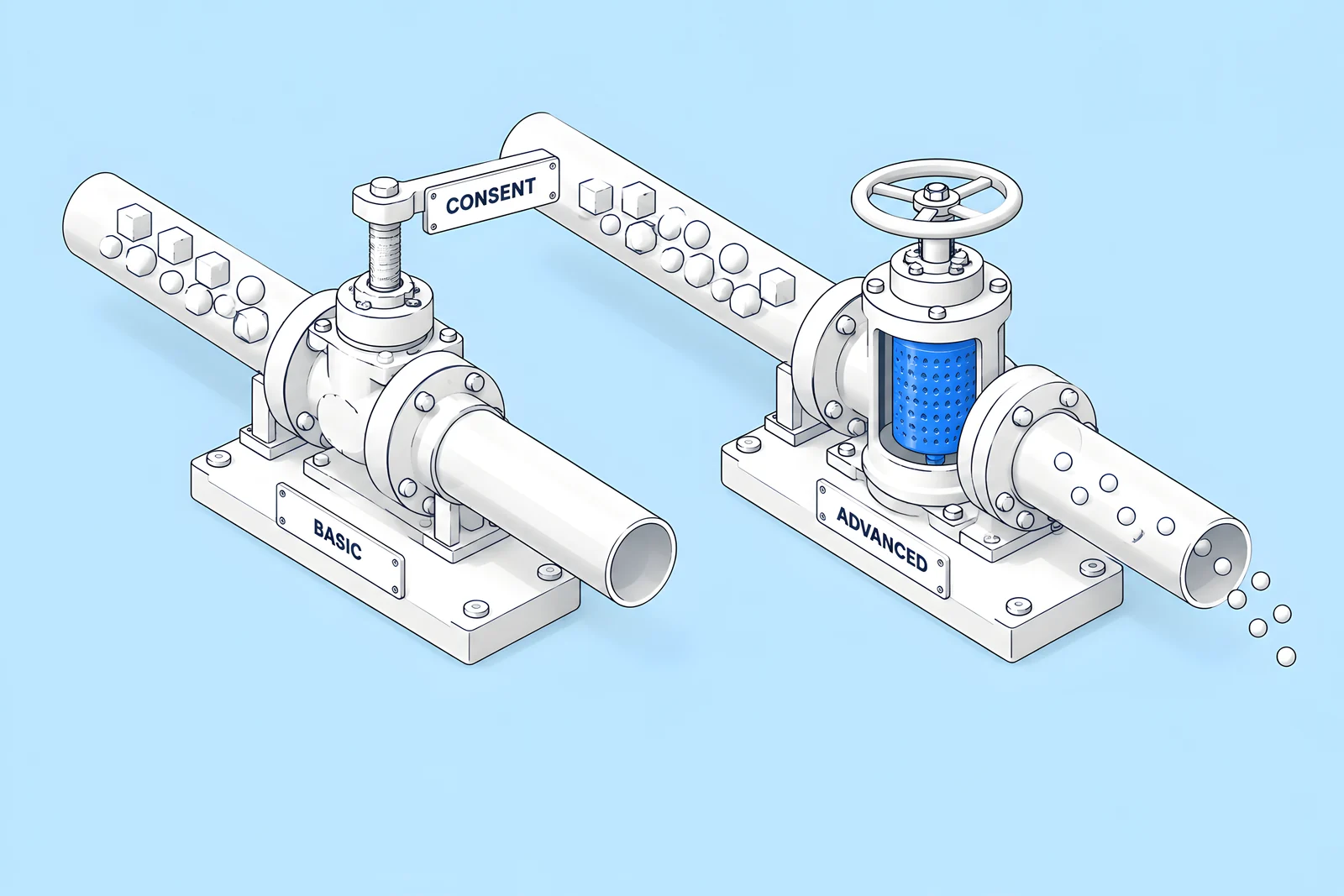 Two isometric valves side by side, one fully closed until a lever is pulled and one open with a filter that changes what passes