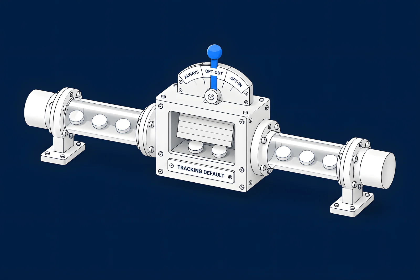 Isometric gate with three lever positions controlling a pipe of tracking tokens, with one blue lever
