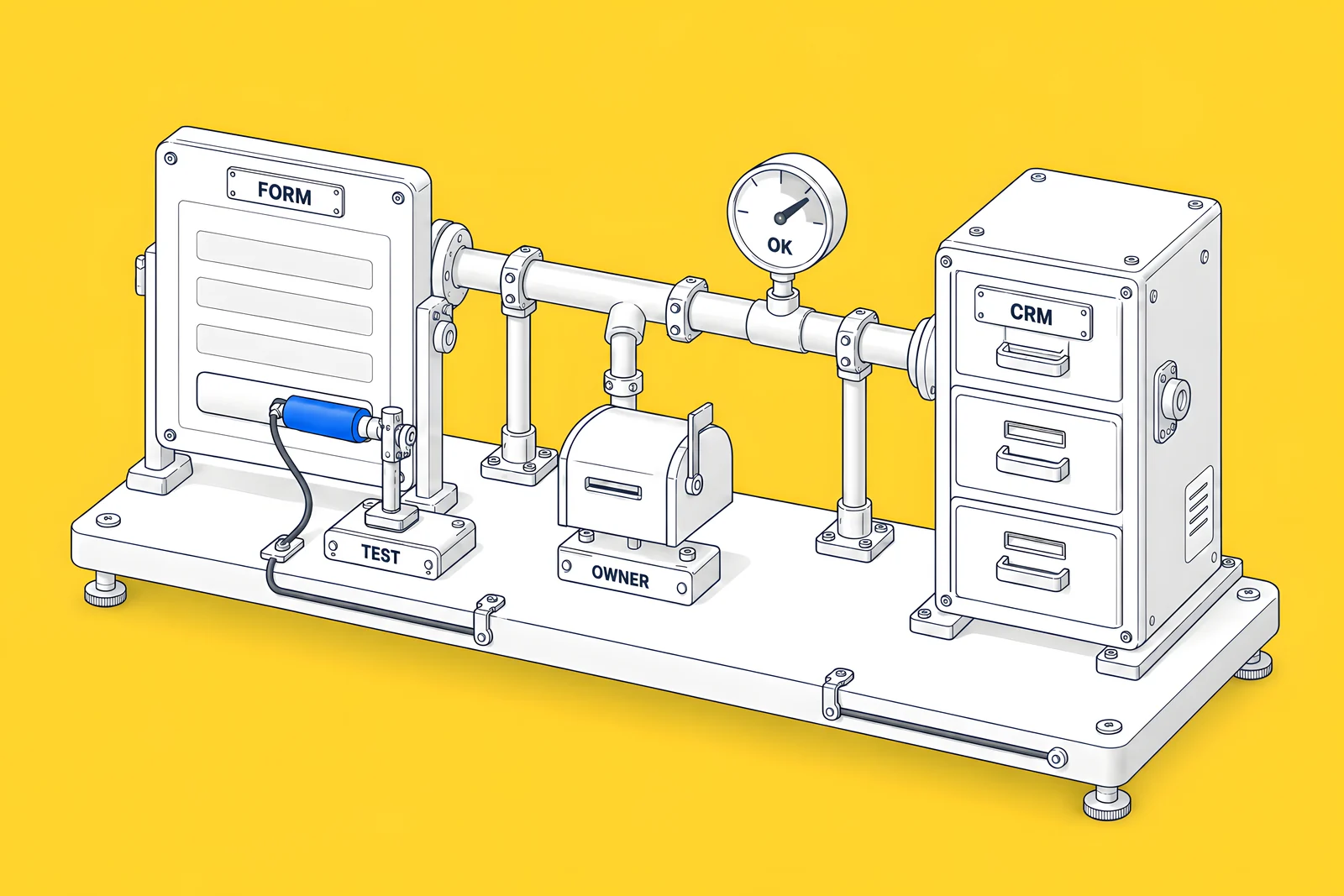 Isometric test probe plugged into a form block, with a pipe running to a CRM cabinet and a pressure gauge confirming arrival.