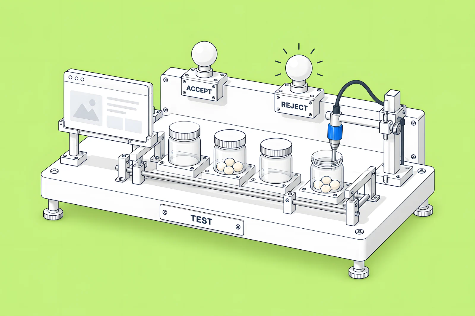 Isometric test bench with two lamps for accepted and declined, and a probe reading a row of cookie jars