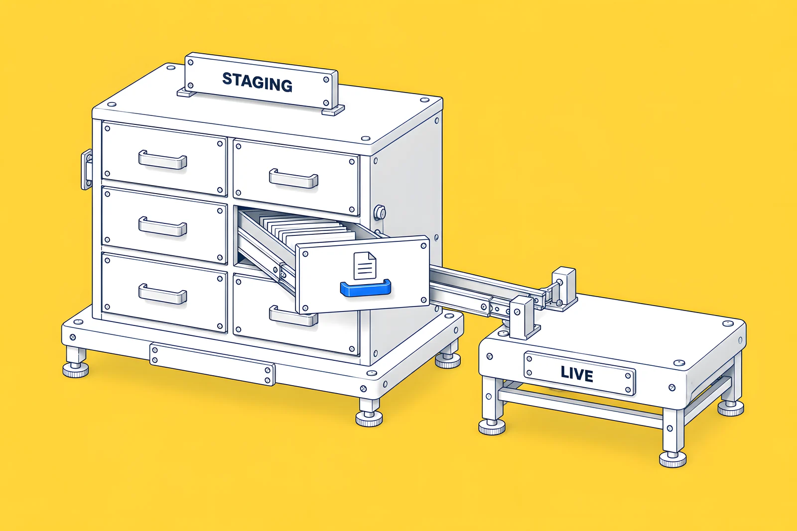 One drawer pulled out of a cabinet onto a launch rail while the other drawers stay closed; the pull handle is blue.