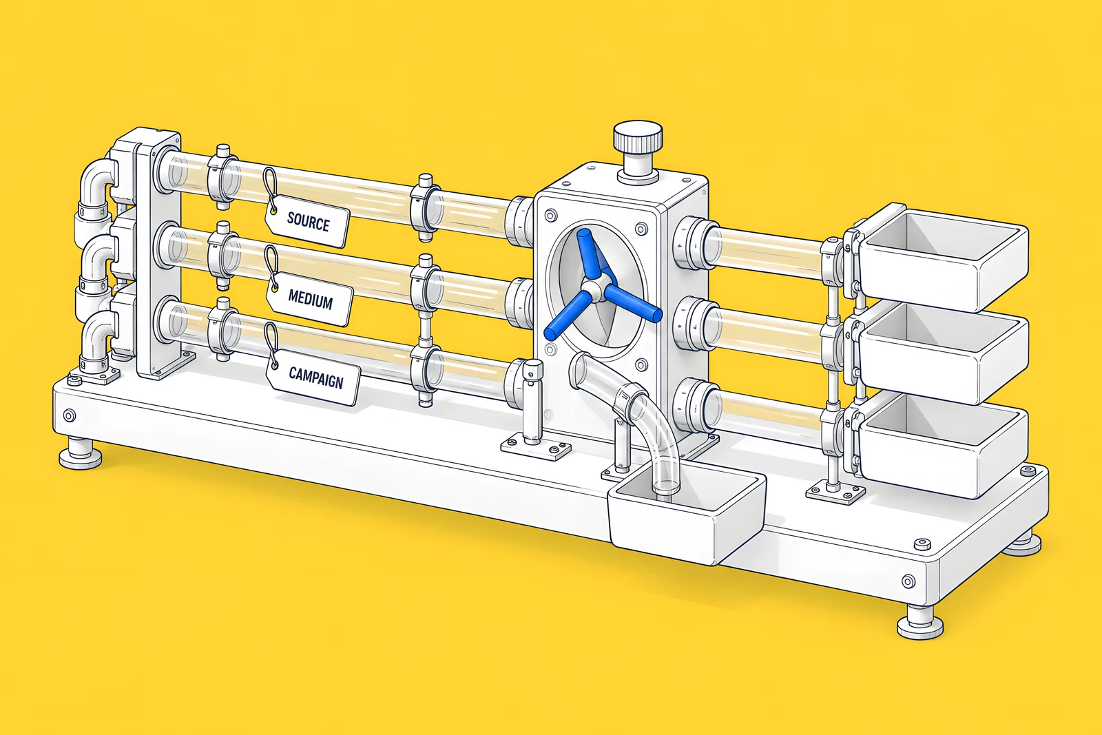 Isometric link tubes with luggage tags marked source, medium and campaign clipped on, entering a sorting turnstile.
