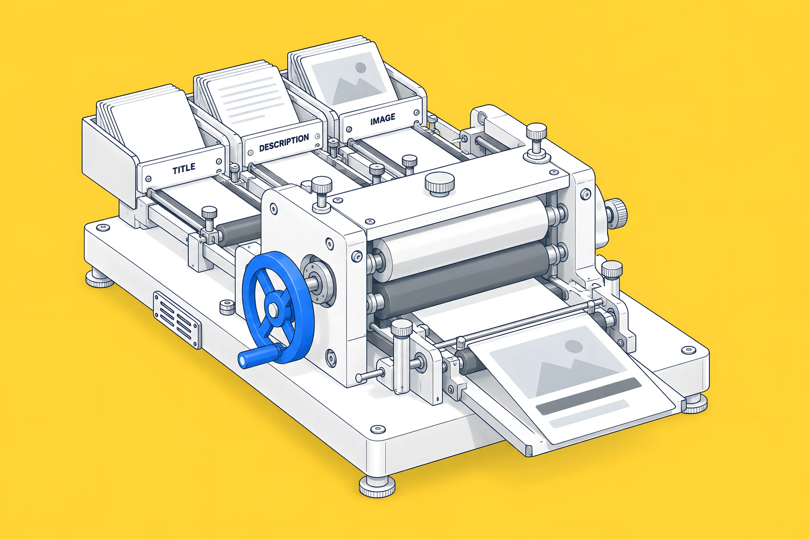 Isometric small printing press taking a page's title, description and image and printing a share preview card.