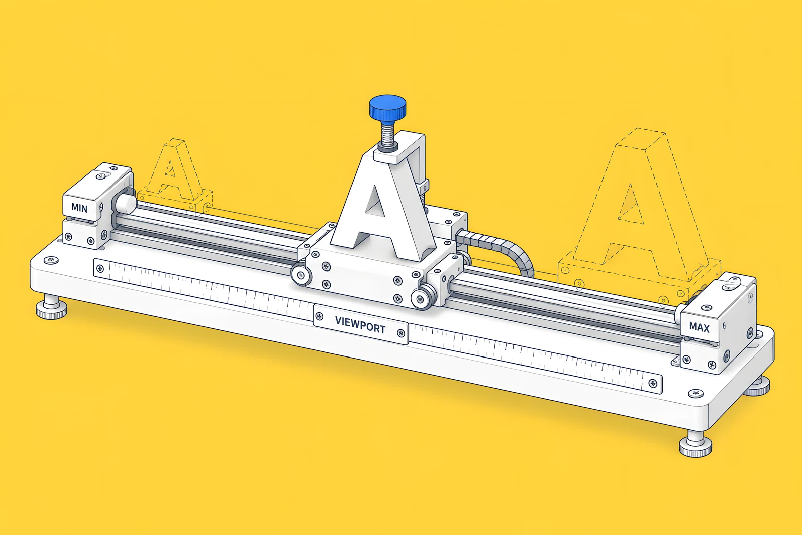 Isometric slider rail with two end stops; a type block sits in a screw clamp and grows as the rail lengthens, stopping at each end.