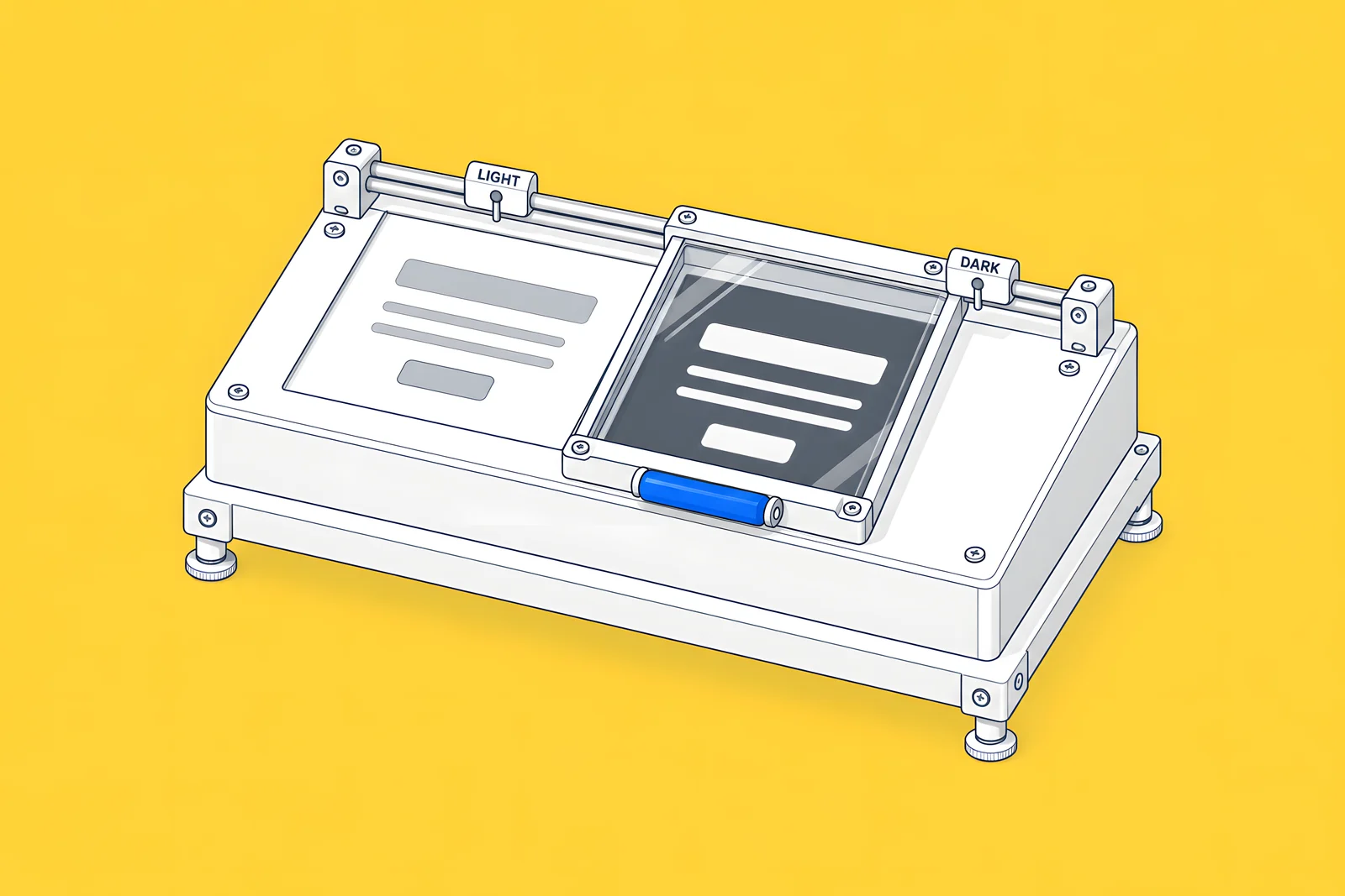 Isometric cabinet with a sliding two-position lens: the half under the lens appears dark, the other half light.