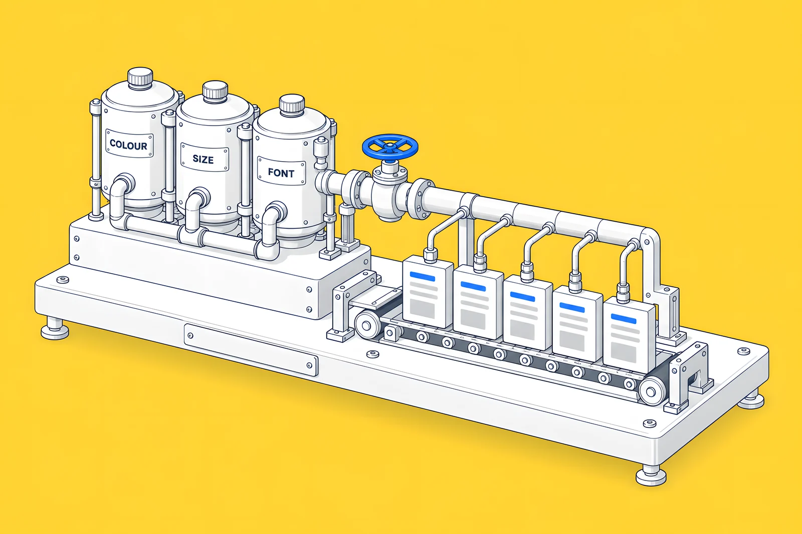 Isometric paint-mixing station: three labelled canisters feed pipes into a row of page blocks, and one blue valve tints every block at once.