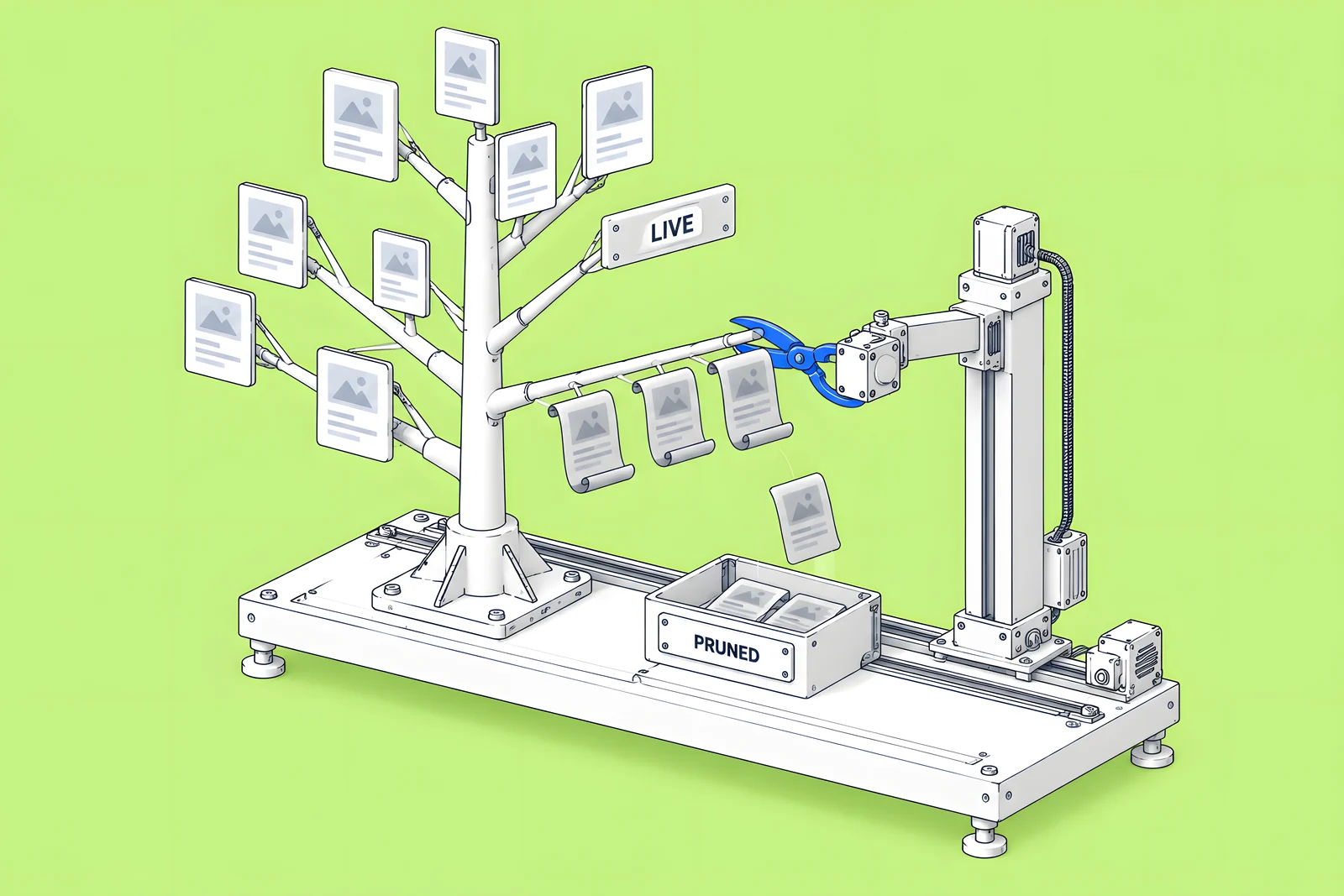 A pruning machine trimming dry branches of page cards from a tree while green branches keep growing