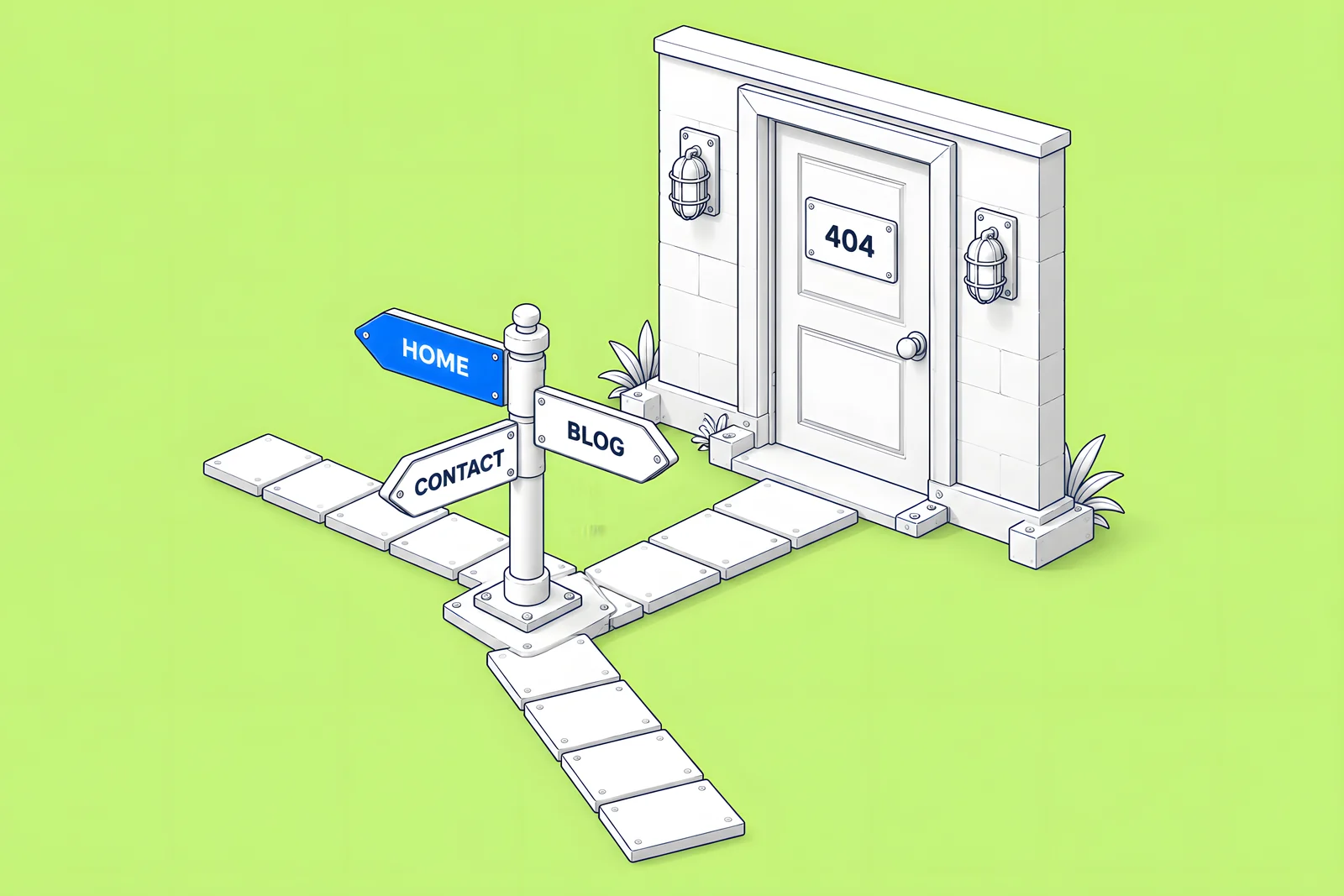 A door marked 404 with a signpost beside it pointing to the main sections of the site