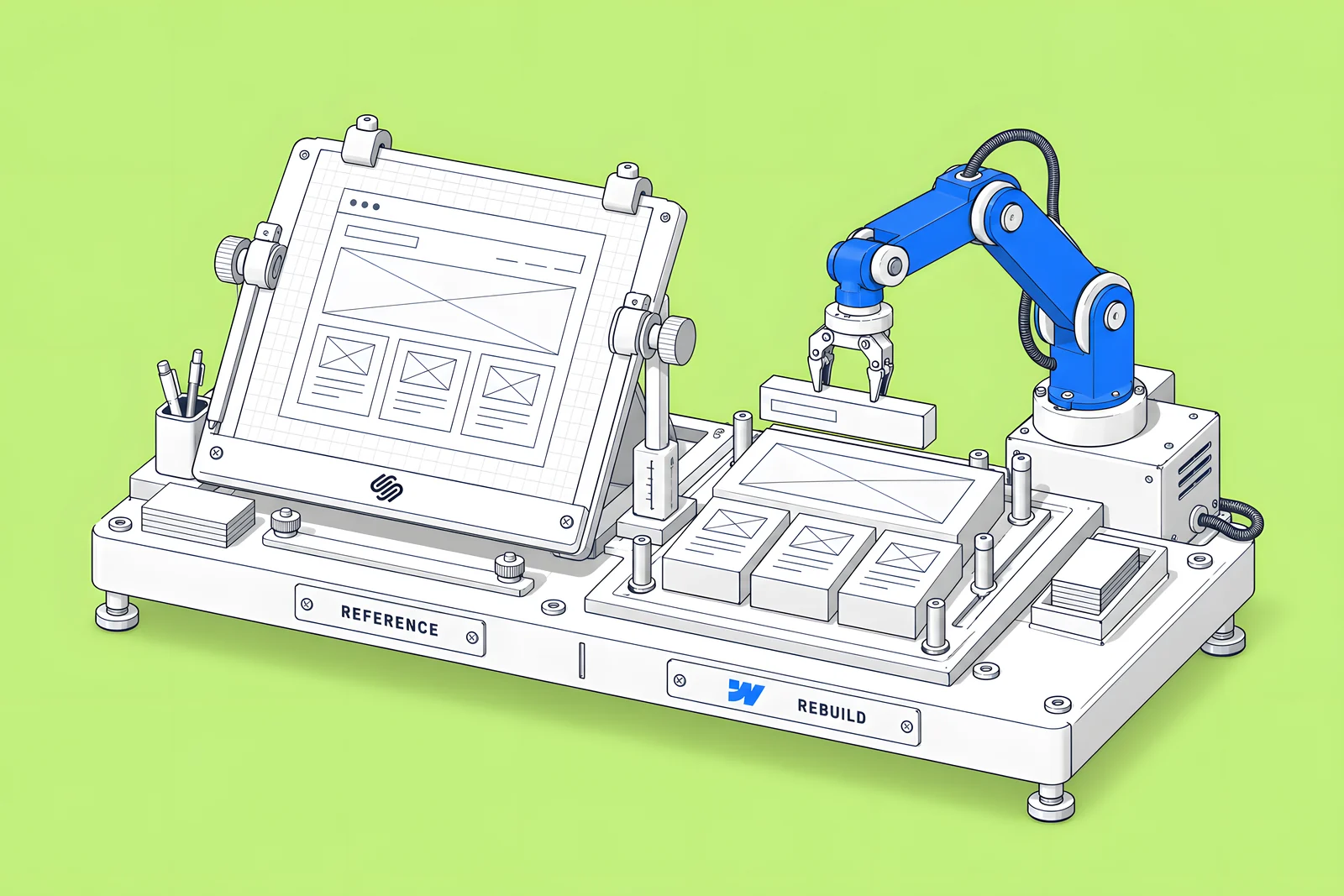 Isometric workbench with a Squarespace page on a lightbox as a reference blueprint and a robotic arm assembling Webflow blocks beside it.