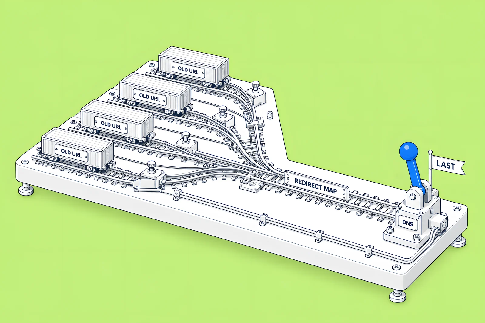 Isometric rail yard: a line of old URL cars joins a redirect-map rail, ending at a DNS lever at the far end.