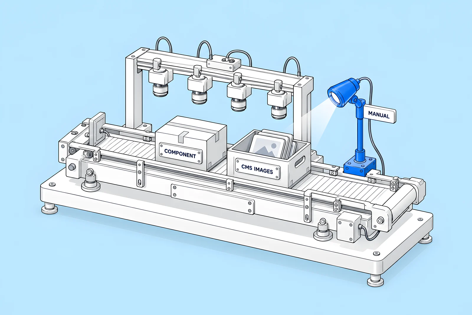 The same inspection rig, with a component box and a CMS image crate passing under an unlit lens while a separate blue manual lamp examines them.