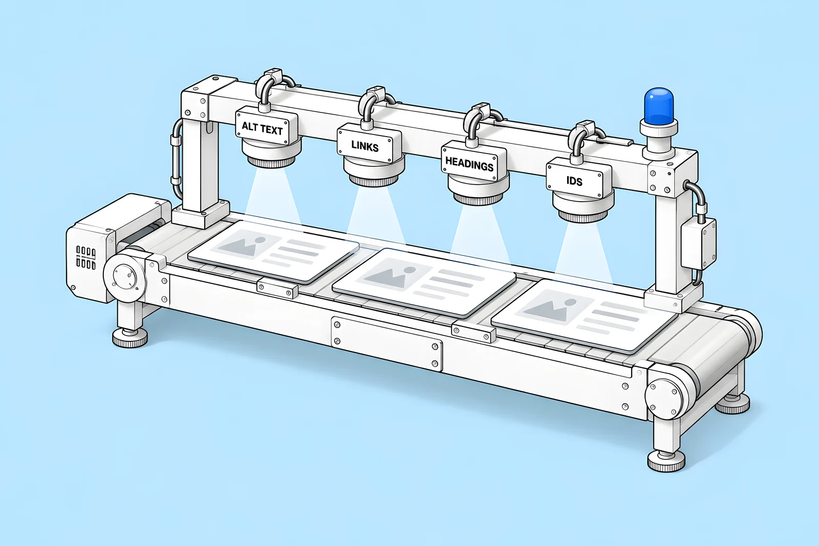 Isometric inspection rig with four lenses labelled alt text, links, headings and IDs, mounted over a conveyor of page panels.