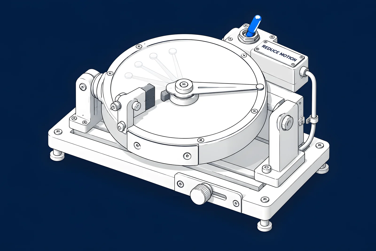 A motion dial with an override switch on top; when the switch flips, the arm slows to a stop