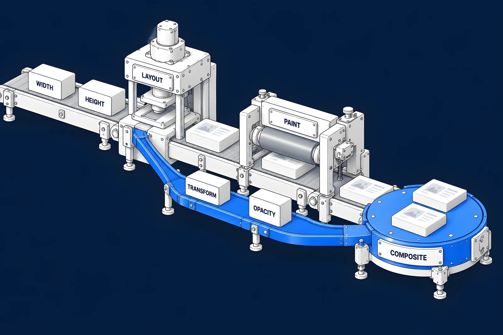 A three-stage rendering machine where transform and opacity cubes ride a blue turntable lane while width and height blocks are routed back through a layout press and paint roller