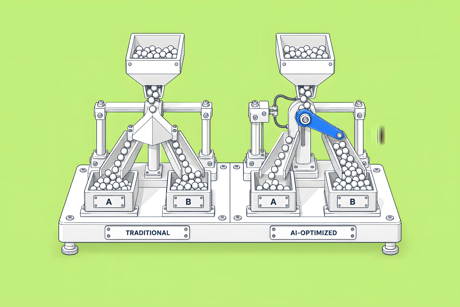 Isometric comparison of a two-lane conveyor with a fixed splitter beside an adaptive sorting arm tilted towards a busier chute