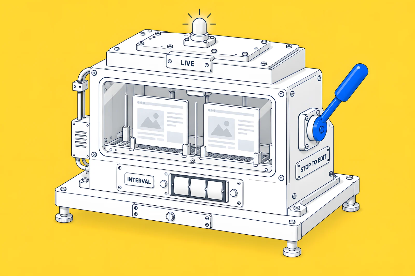 Isometric sealed test chamber with a blue lever labelled stop to edit and a restart counter on its side