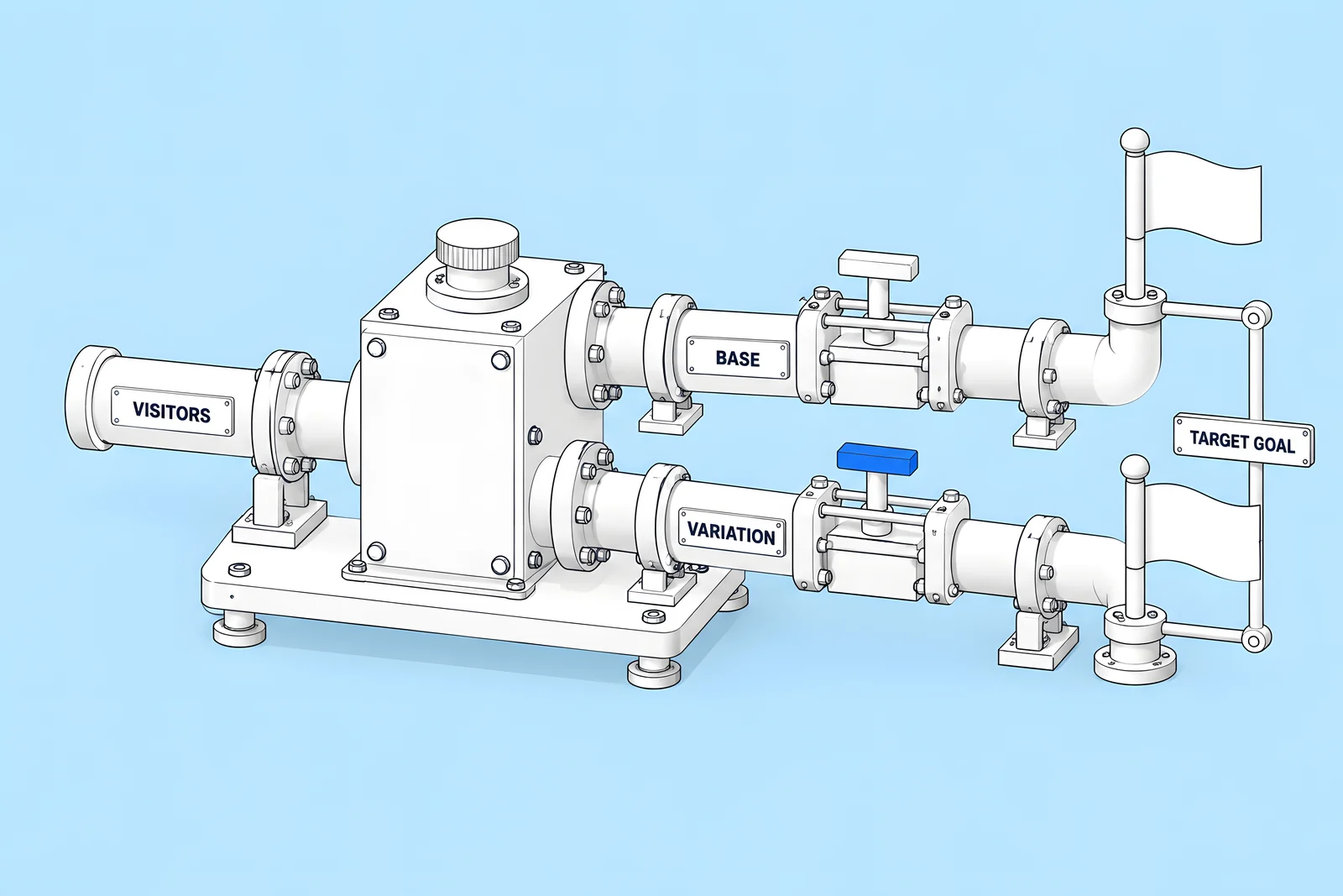 Isometric valve block dividing one flow into adjustable channels, each feeding a goal flag