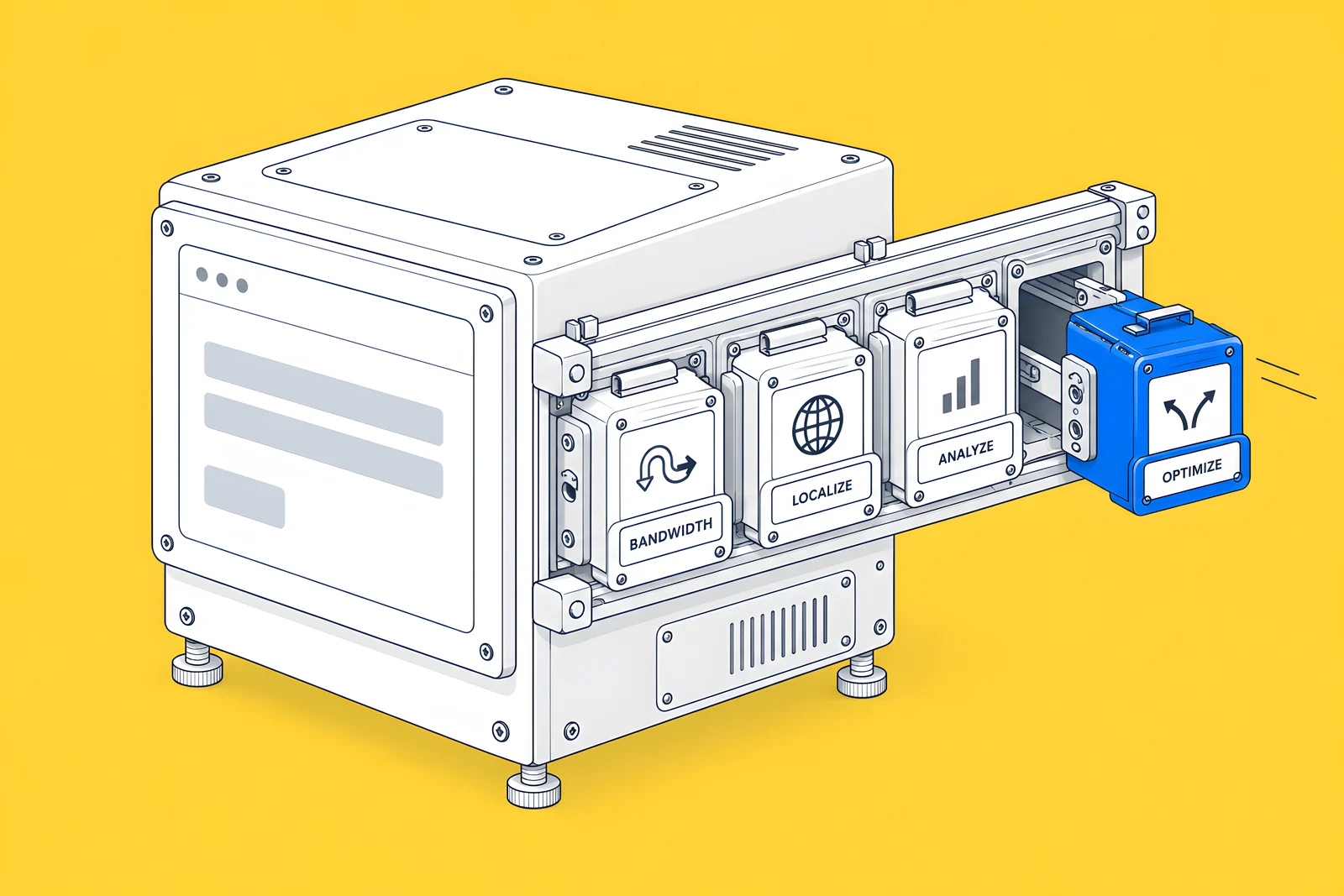 Isometric site block with a side rail holding four plug-in modules labelled BANDWIDTH, LOCALIZE, ANALYZE and OPTIMIZE; the blue module is sliding into place.