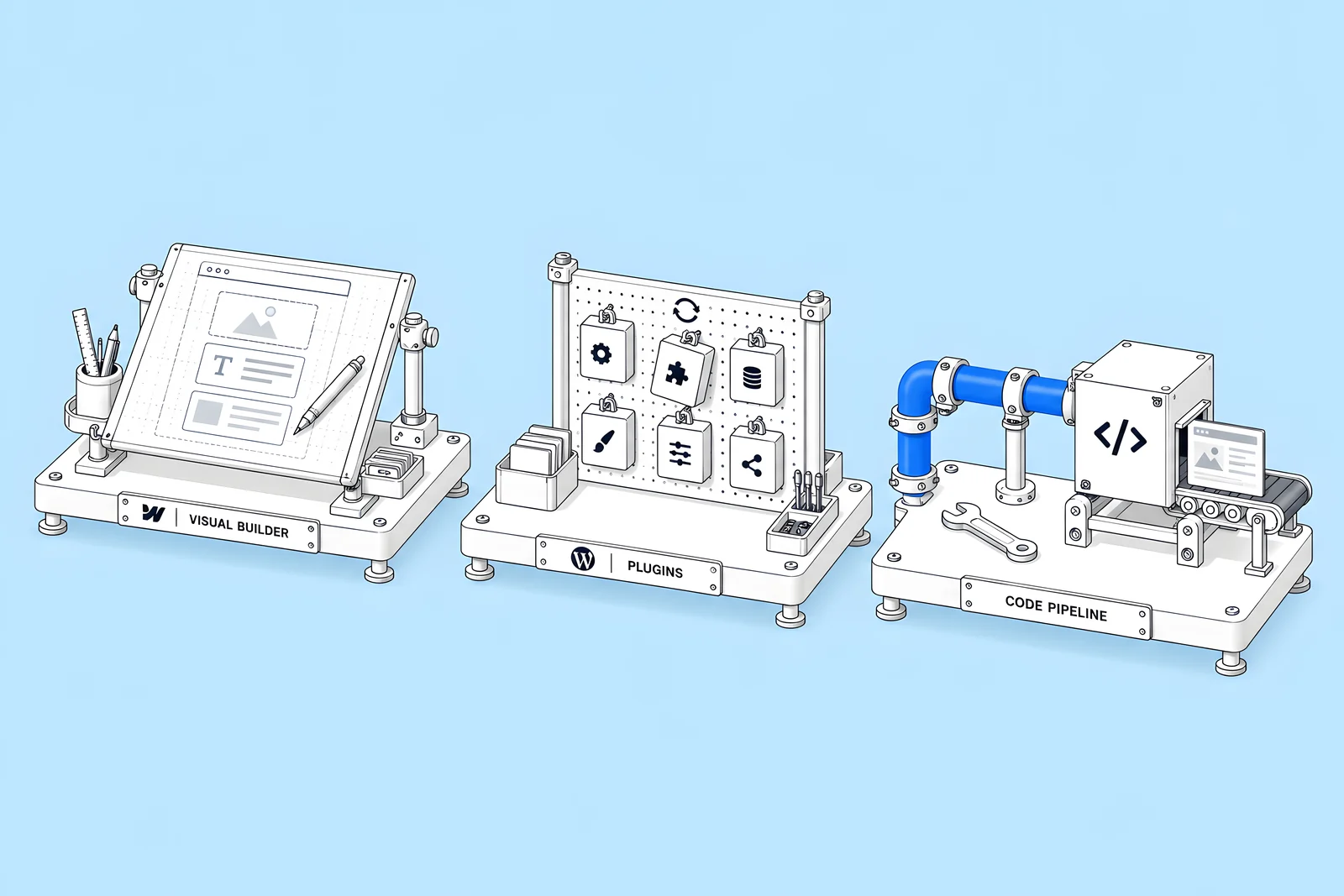 Three small workbenches side by side, a visual builder, a plugin rack and a code pipeline, each with its own set of tools.