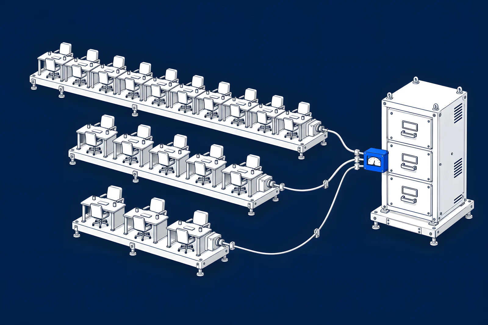 Three rows of desks, with three, five and ten chairs, each row feeding one content cabinet through a blue counter.