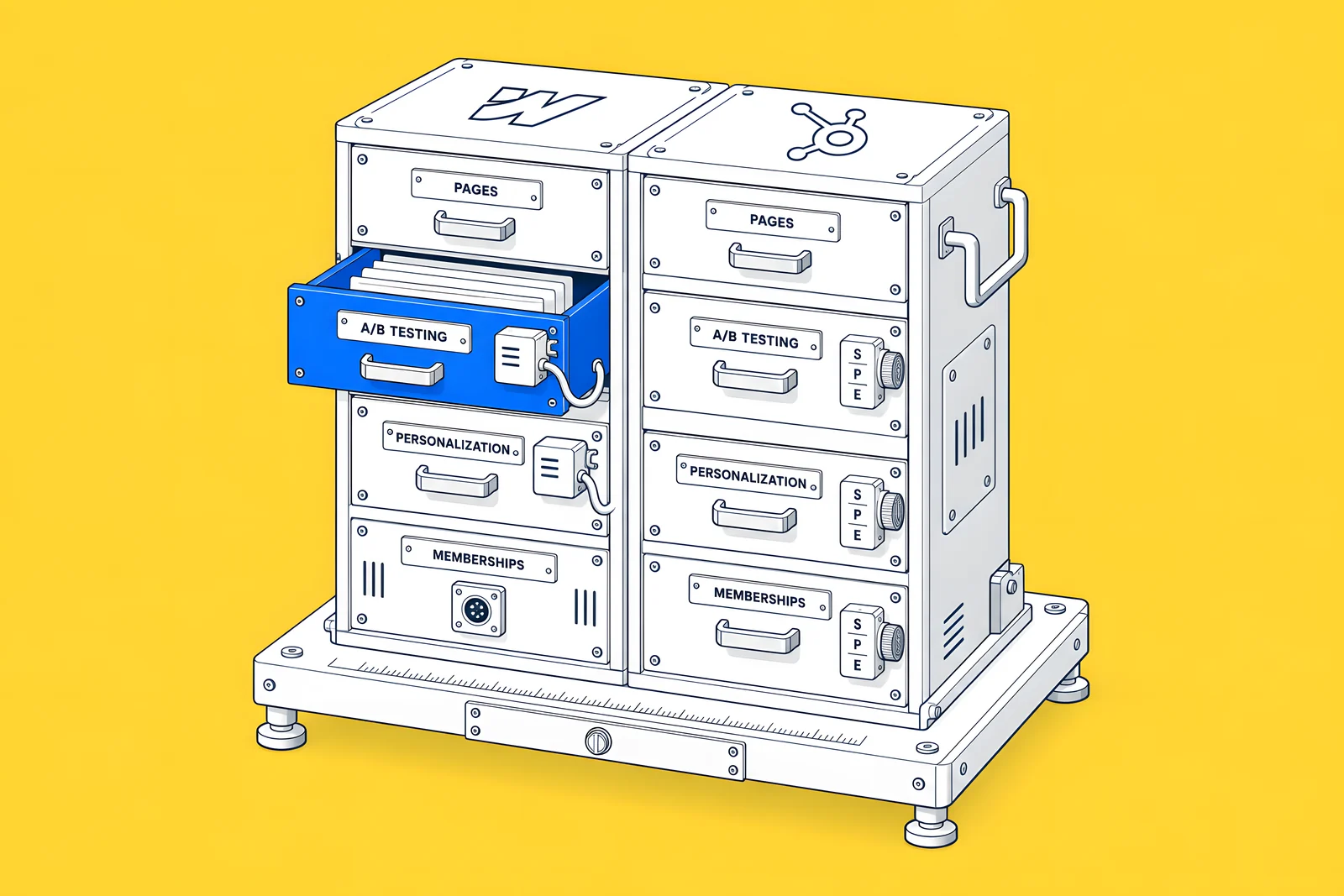 A white isometric cabinet of drawers in two columns, with drawers labelled for features and one blue drawer pulled out