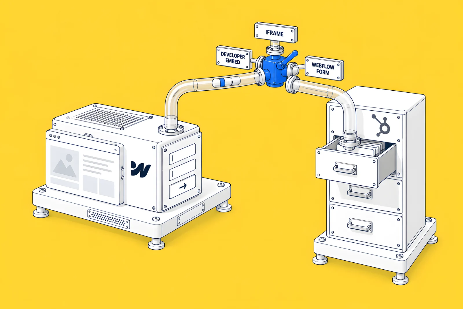 A Webflow-marked site block joined by a pneumatic tube to a three-drawer cabinet with the HubSpot mark, with a blue valve on the tube