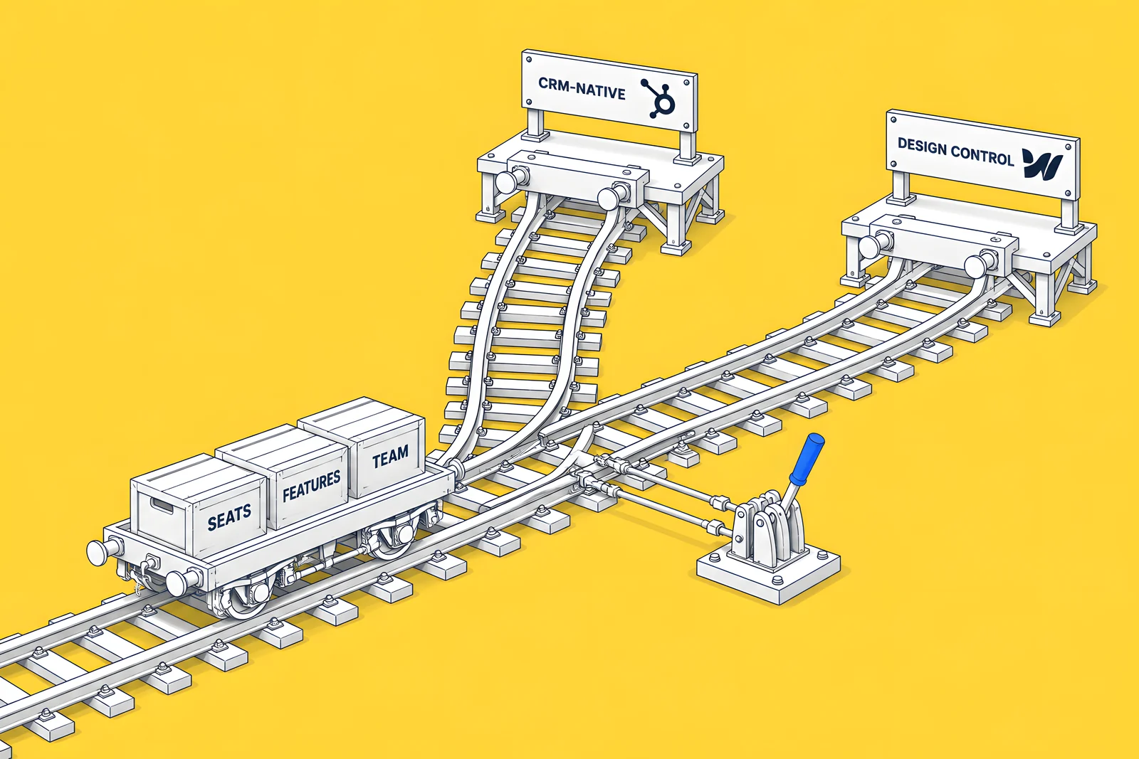A railway junction with two tracks, one marked CRM-NATIVE and one marked DESIGN CONTROL, and a blue switch lever between them