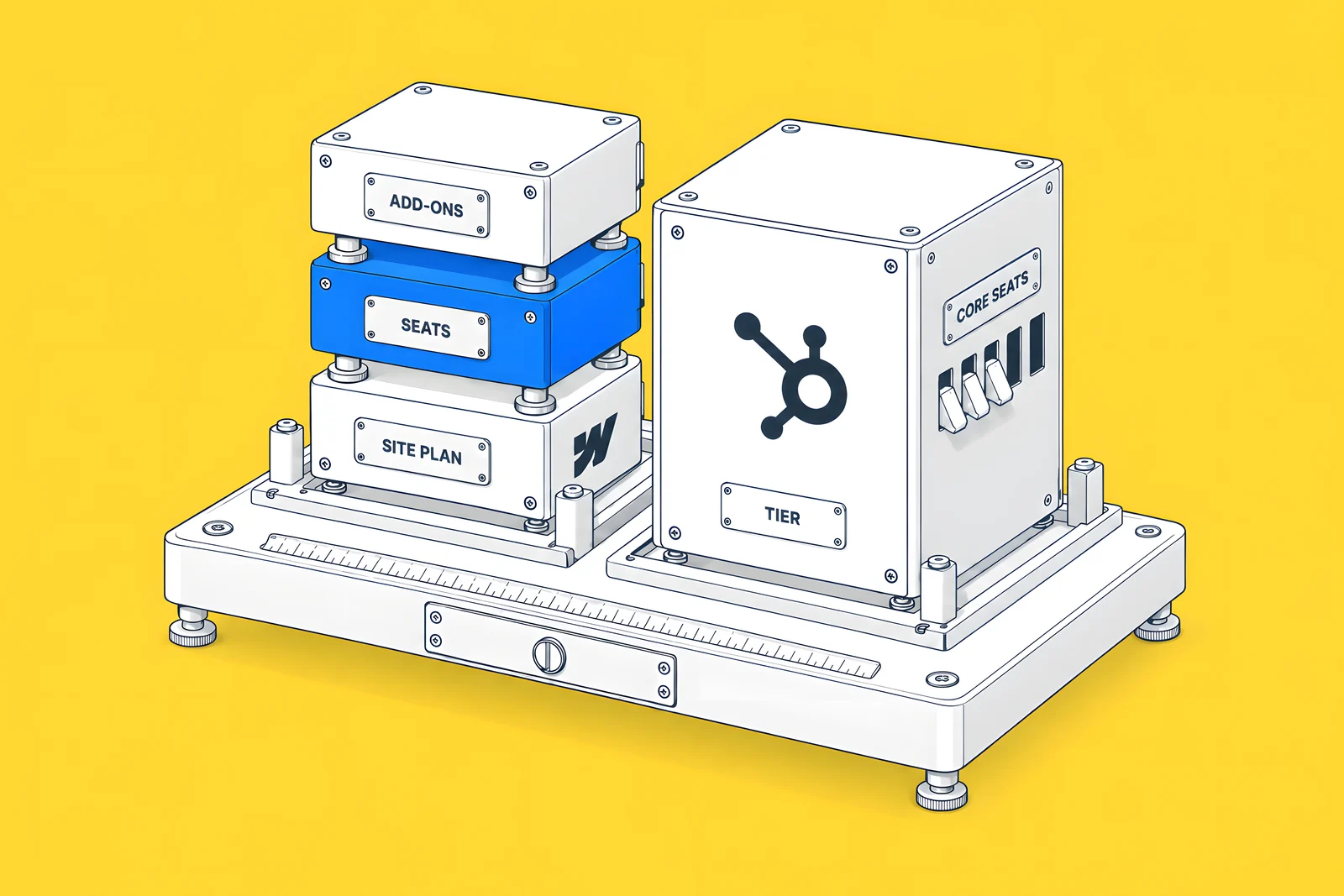 A white isometric rig with two columns: on the left three separate stacked blocks, on the right one large bundled block with seat slots