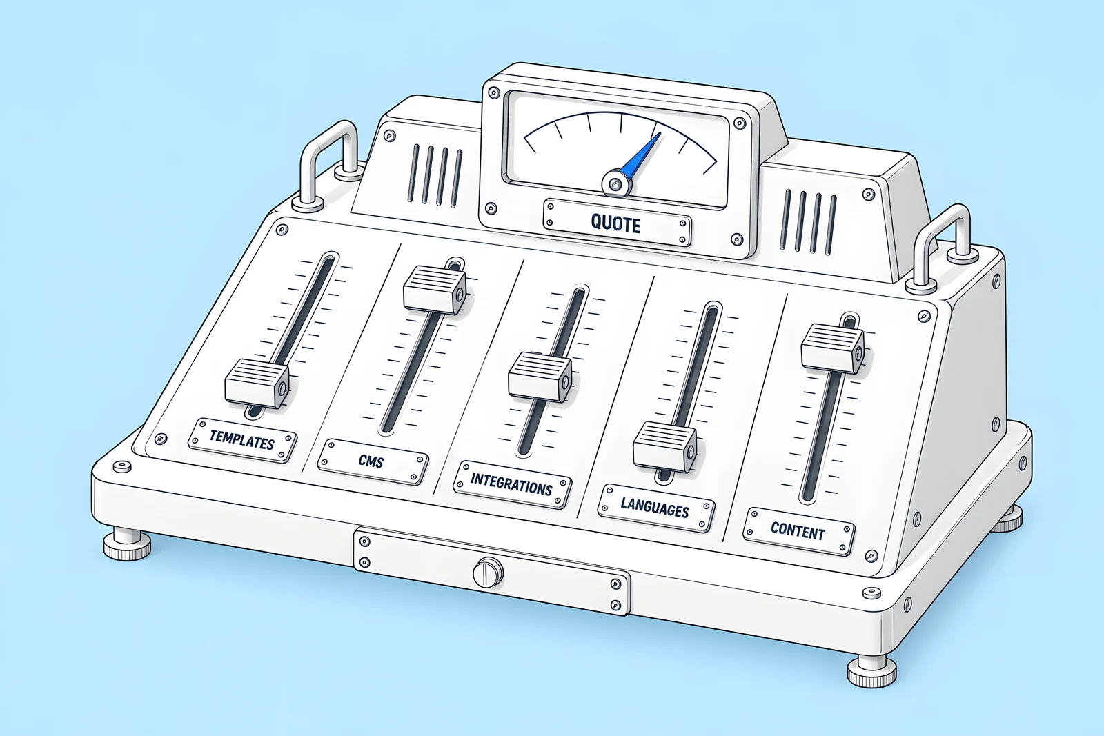 Isometric control panel with five labelled sliders set at different heights