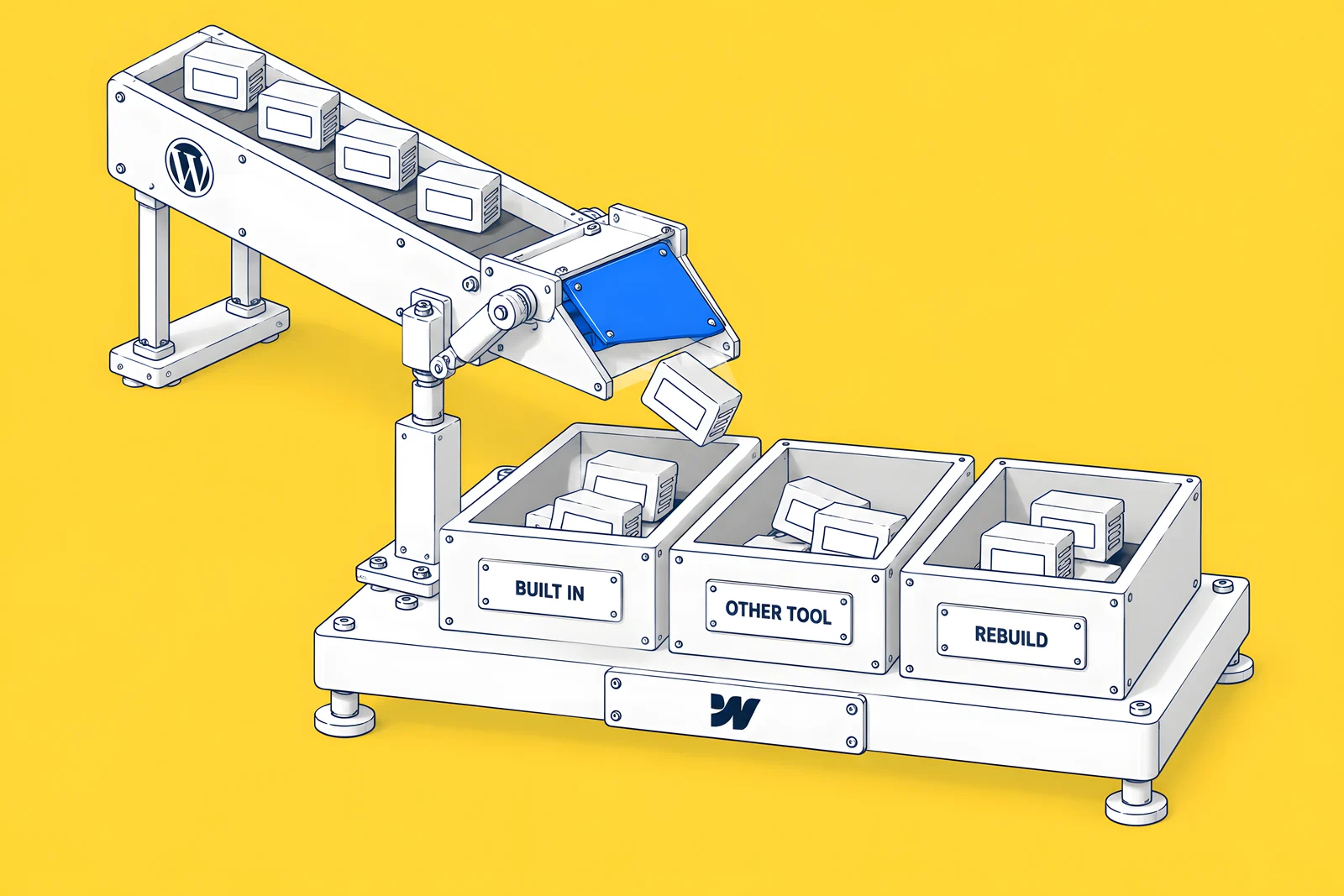 Isometric sorting machine dropping plugin cartridges from a chute into three bins