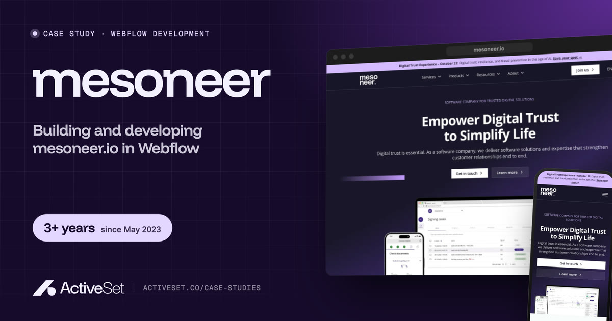 mesoneer case study by ActiveSet: the mesoneer.io homepage on desktop and phone