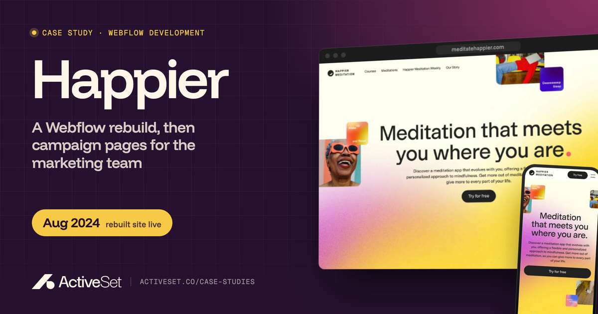 Happier case study by ActiveSet: the meditatehappier.com homepage on desktop and phone