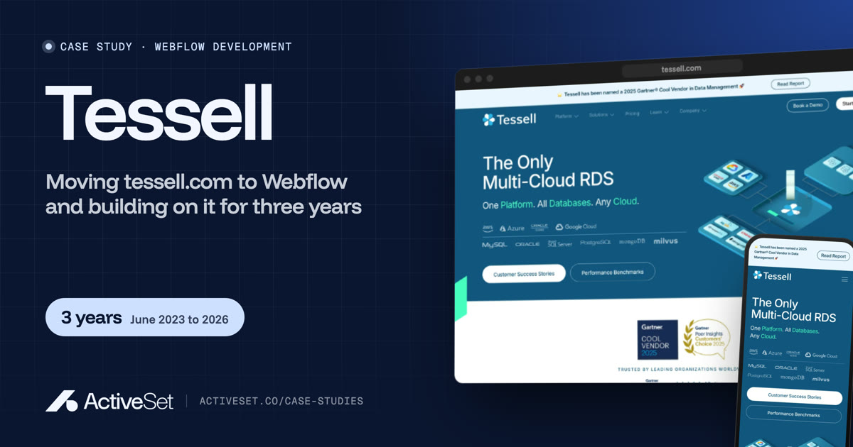 Tessell case study by ActiveSet: the tessell.com homepage on desktop, from the Webflow site in May 2026