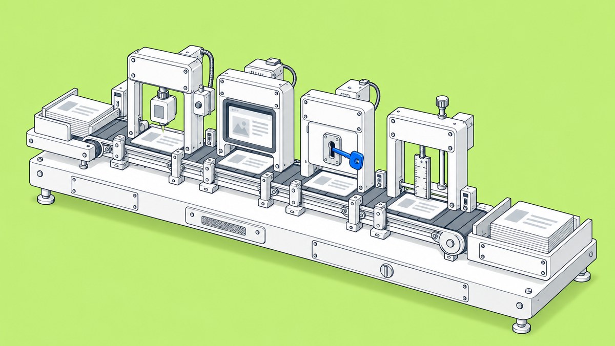 A proposal card rides a conveyor through four inspection gates (a badge reader, a website screen, a key slot holding a blue key and a measuring ruler) towards a tray of approved cards.