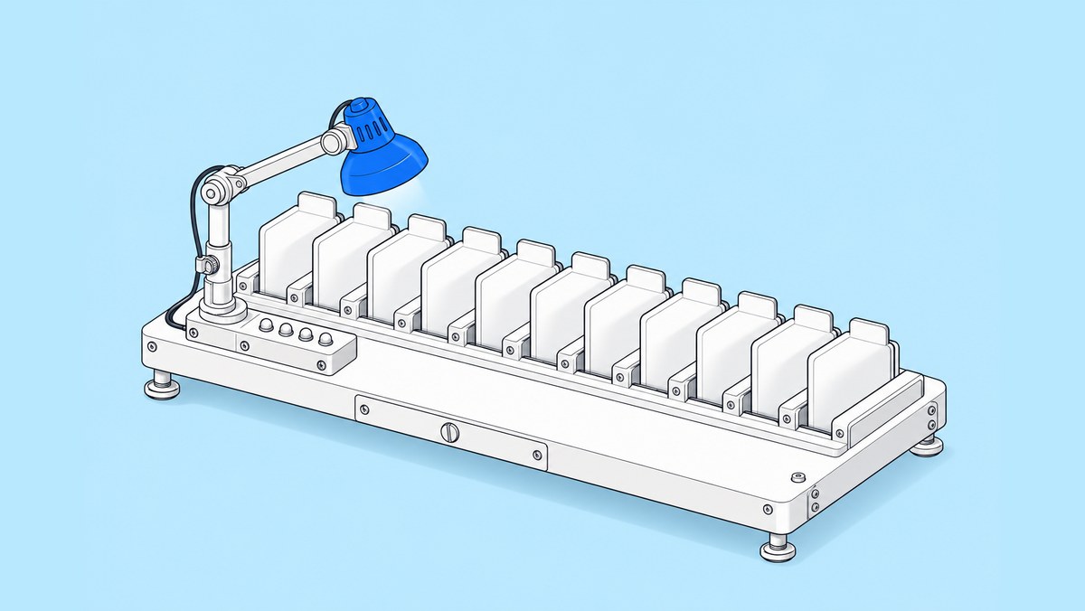 A row of blank white index cards stands upright in a rack while a blue inspection lamp on an arm shines over them, with four small indicator lights on its base.