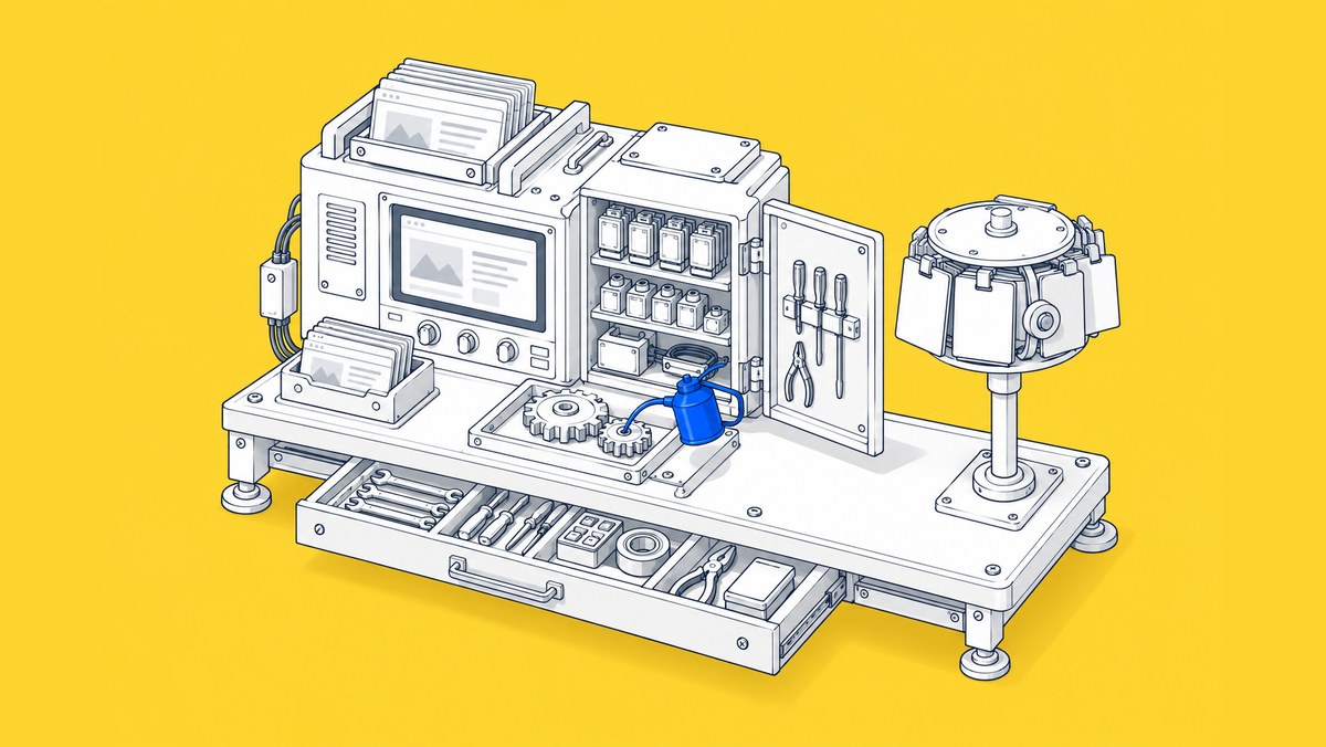 A white website machine on a service stand with an open parts panel, a drawer of tools and a rotating calendar drum, with a blue oil can resting over a gear.
