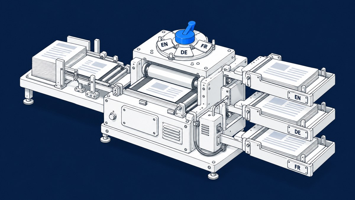 A white printing press takes in one master page and sends three stacks of copies into trays marked EN, DE and FR, set by a blue dial on top.