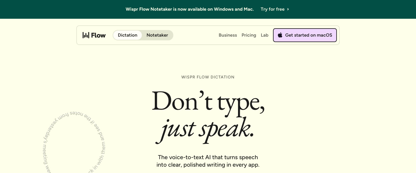 Homepage of Wispr Flow, a live Webflow site credited to Windmark
