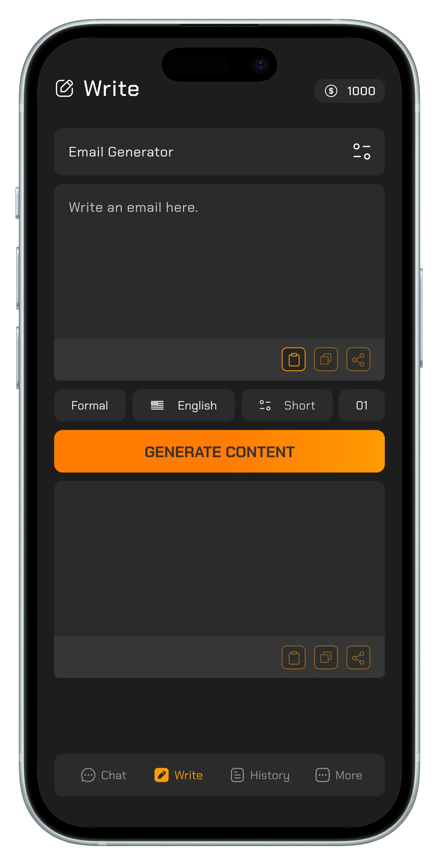 A blog intro text generator screen with input fields and an orange "Generate Content" button.

