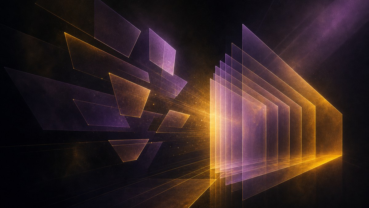 Scattered geometric fragments converging into a single aligned stack, representing a fragmented website being restructured
