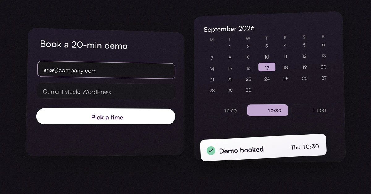A SaaS product demo booking calendar with a Thursday 10:30 AM slot selected and a 'Demo booked' confirmation toast.
