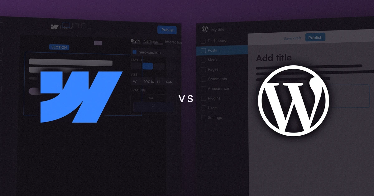 A split-screen mockup comparing the Webflow Designer interface on the left against a WordPress admin dashboard on the right.