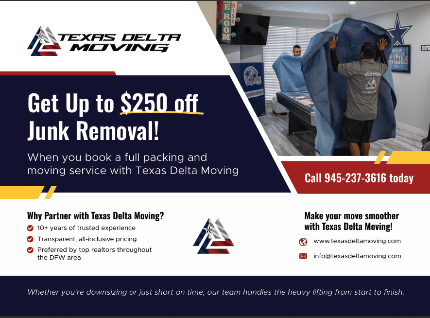 Texas Delta Moving's white truck hitched to a large enclosed trailer parked in front of a suburban home. The truck is branded with the company logo and contact information, emphasizing professionalism and reliable moving services. The well-maintained landscaping and bright sunlight highlight the residential setting, making it clear that Texas Delta Moving specializes in residential moves. The powerful truck and spacious trailer convey the company's ability to handle large-scale moves efficiently.