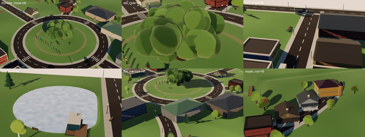 Six views of the town, including the central oak, streets, pond and surrounding houses.