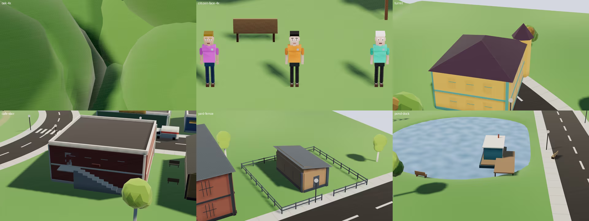 Close-up views of the oak, three citizen models, a turret, café steps, a fenced yard and the pond dock.